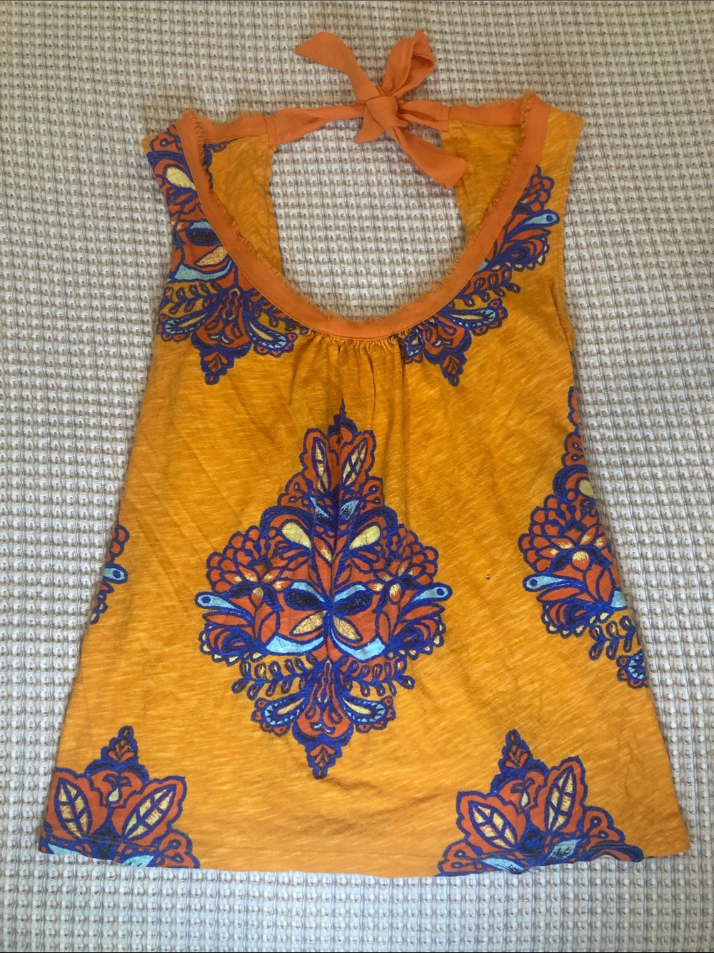 Sleeveless Orange Halter Tank with Blue Floral Medallion Print